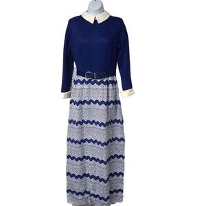 Vicky Vaughn vintage maxi dress Peter Pan collar belted 70 80s geometric Chevron